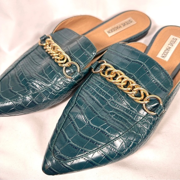 Steve Madden Forever Croc Chain Mule Loafers Teal Faux Leather Size 9.5 - Picture 4 of 11